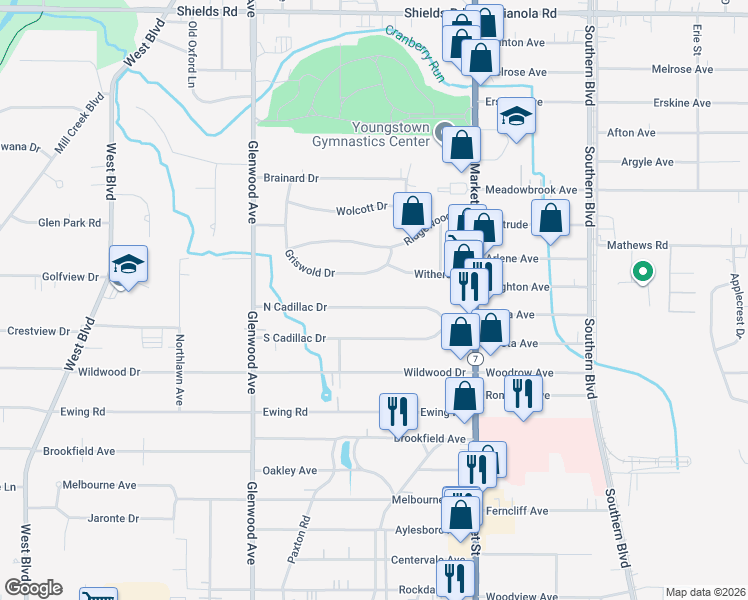 map of restaurants, bars, coffee shops, grocery stores, and more near 130 North Cadillac Drive in Youngstown