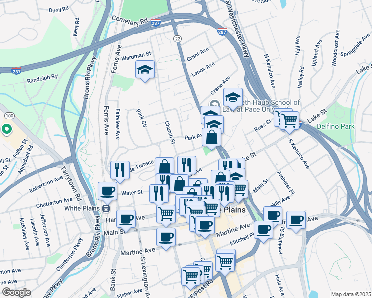map of restaurants, bars, coffee shops, grocery stores, and more near 45 Rockledge Avenue in White Plains