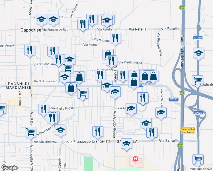 map of restaurants, bars, coffee shops, grocery stores, and more near 294 Via Raffaele Musone in Marcianise