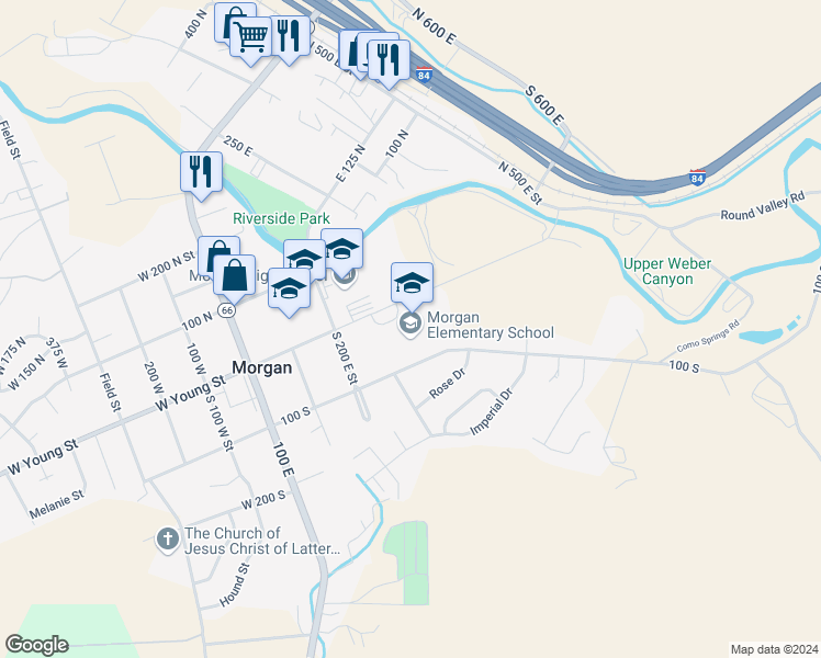 map of restaurants, bars, coffee shops, grocery stores, and more near 344 East Young Street in Morgan