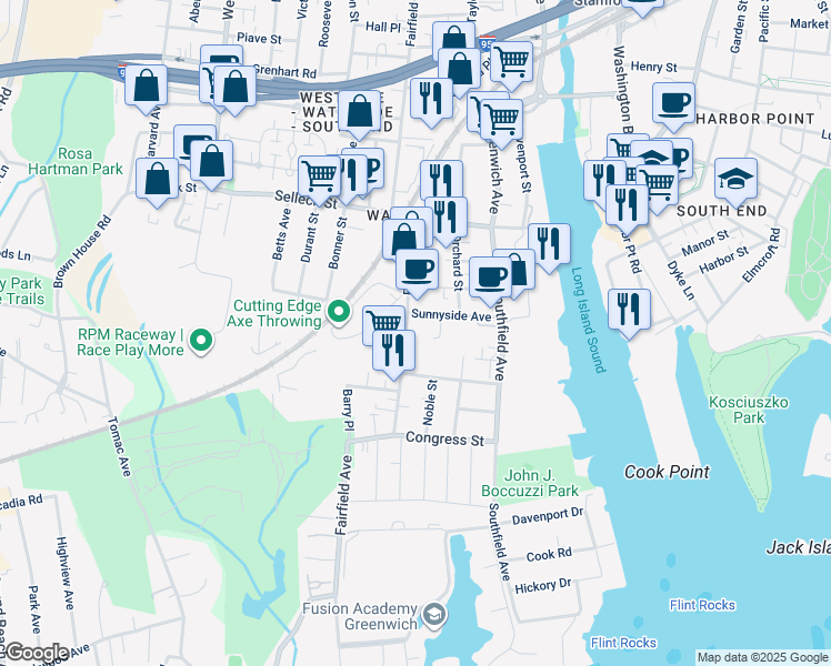 map of restaurants, bars, coffee shops, grocery stores, and more near 420 Fairfield Avenue in Stamford