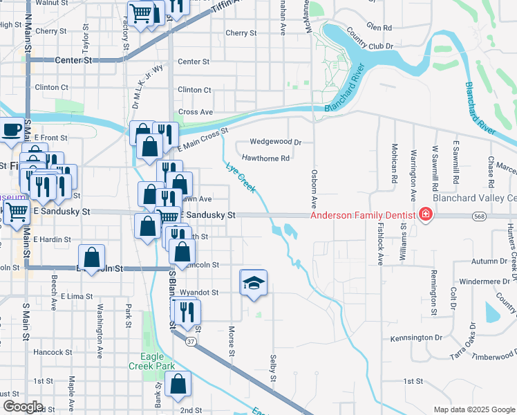 map of restaurants, bars, coffee shops, grocery stores, and more near 750 East Sandusky Street in Findlay