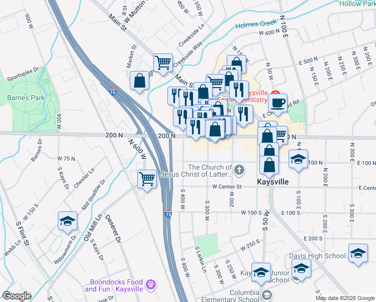 map of restaurants, bars, coffee shops, grocery stores, and more near 123 North 400 West in Kaysville