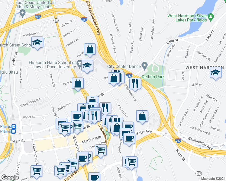map of restaurants, bars, coffee shops, grocery stores, and more near 30 Lake Street in White Plains