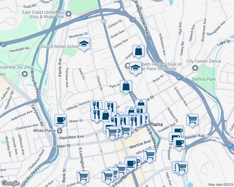 map of restaurants, bars, coffee shops, grocery stores, and more near 48 Rockledge Avenue in White Plains