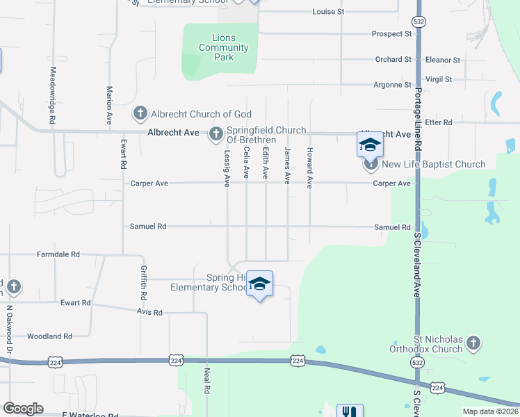 map of restaurants, bars, coffee shops, grocery stores, and more near 513 Celia Avenue in Akron