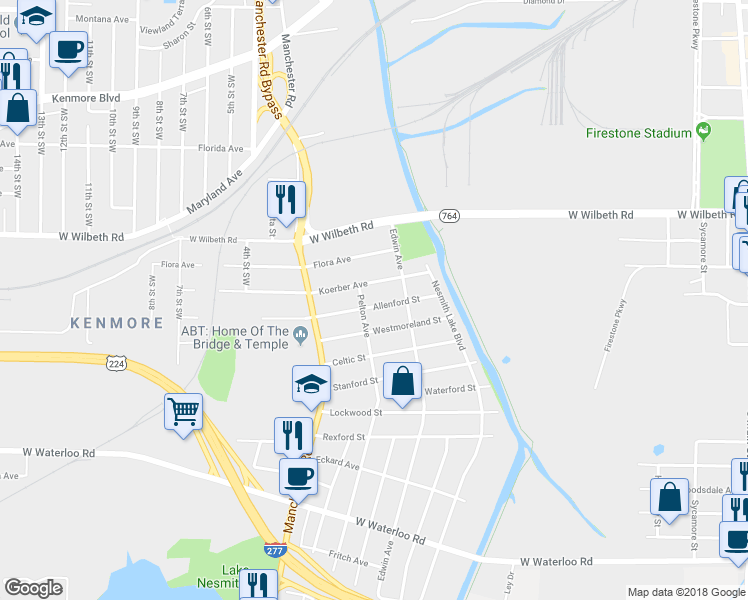 map of restaurants, bars, coffee shops, grocery stores, and more near 451 Allenford Street in Akron