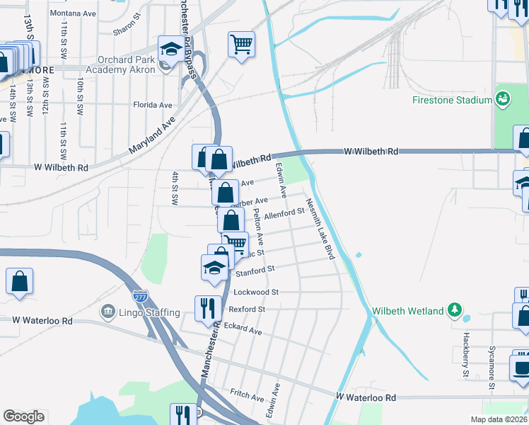map of restaurants, bars, coffee shops, grocery stores, and more near 451 Allenford Street in Akron