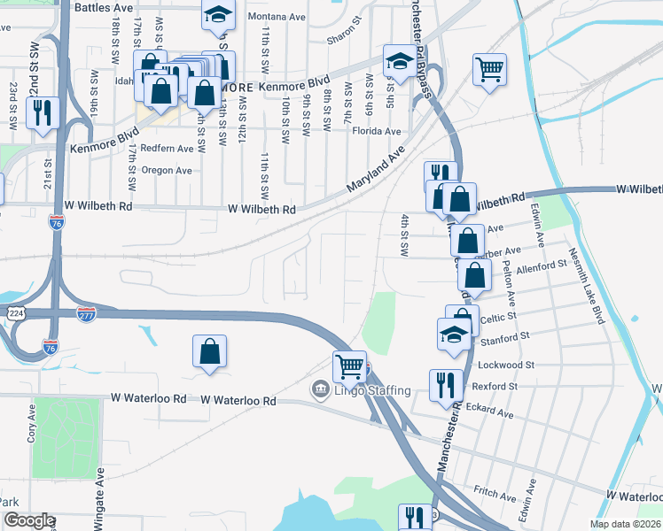 map of restaurants, bars, coffee shops, grocery stores, and more near 2444 7th Street Southwest in Akron