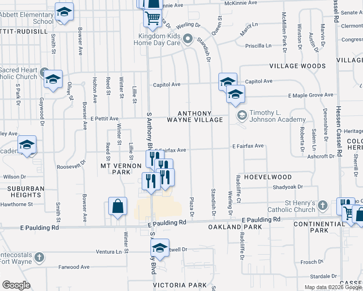 map of restaurants, bars, coffee shops, grocery stores, and more near 1917 East Fairfax Avenue in Fort Wayne