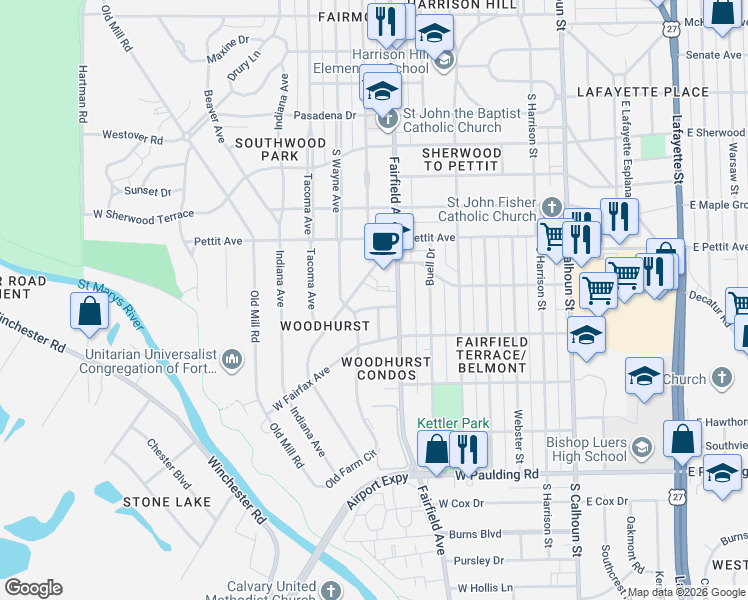 map of restaurants, bars, coffee shops, grocery stores, and more near 5012 Fairfield Avenue in Fort Wayne