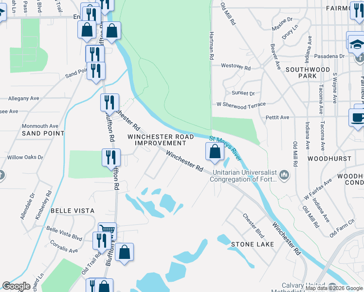 map of restaurants, bars, coffee shops, grocery stores, and more near 5205 Winchester Road in Fort Wayne