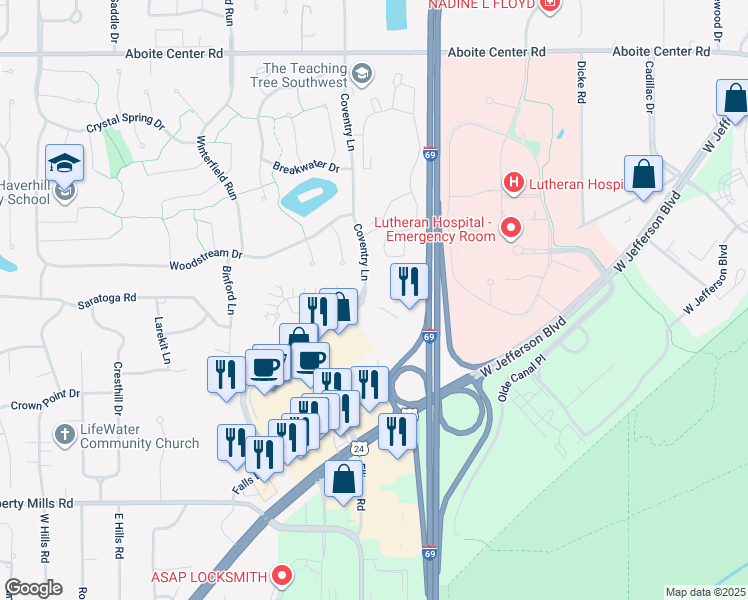 map of restaurants, bars, coffee shops, grocery stores, and more near 5224 Coventry Lane in Fort Wayne
