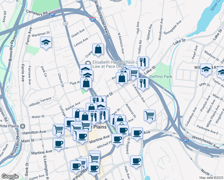 map of restaurants, bars, coffee shops, grocery stores, and more near 15 Lake Street in White Plains