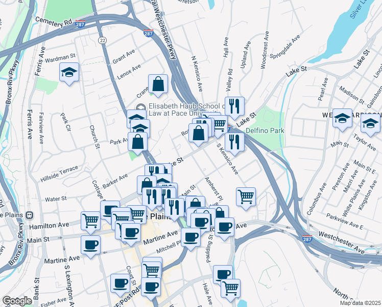map of restaurants, bars, coffee shops, grocery stores, and more near 21 Lake Street in White Plains