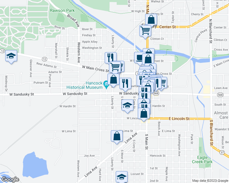 map of restaurants, bars, coffee shops, grocery stores, and more near 316 West Sandusky Street in Findlay