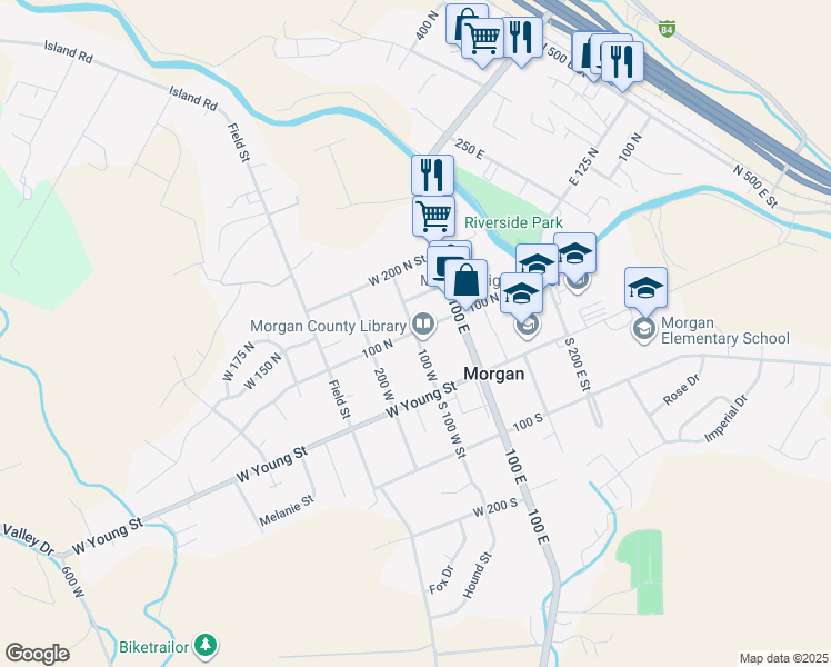 map of restaurants, bars, coffee shops, grocery stores, and more near 99 North 100 West Street in Morgan