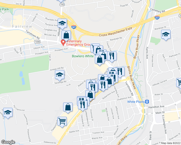 map of restaurants, bars, coffee shops, grocery stores, and more near 16 Montana Place in White Plains