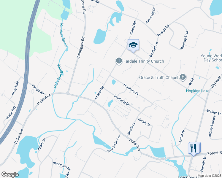 map of restaurants, bars, coffee shops, grocery stores, and more near 14 Eakens Court in Mahwah