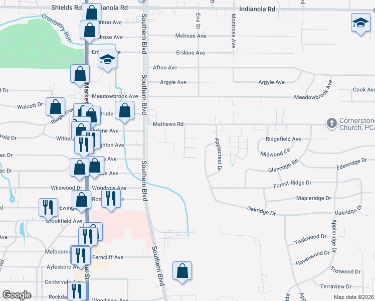 map of restaurants, bars, coffee shops, grocery stores, and more near 197 Mathews Road in Youngstown