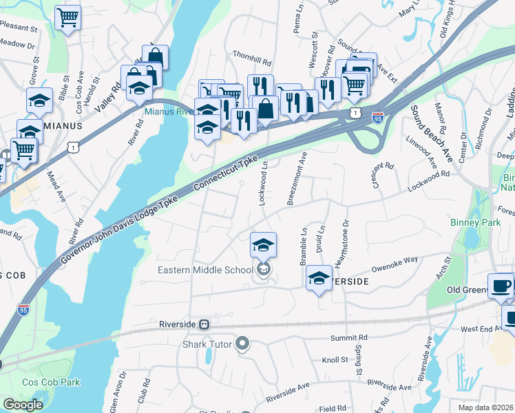 map of restaurants, bars, coffee shops, grocery stores, and more near 2 Bradbury Place in Greenwich