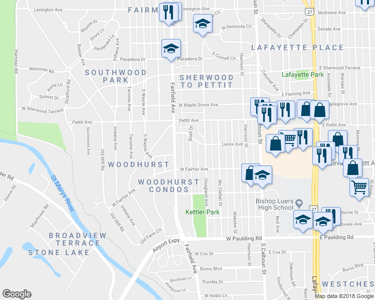 map of restaurants, bars, coffee shops, grocery stores, and more near 5010 Buell Drive in Fort Wayne