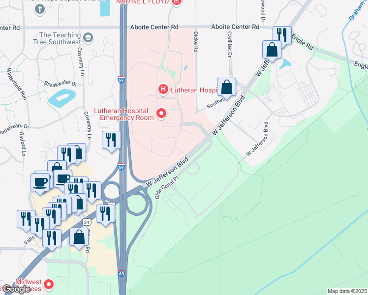 map of restaurants, bars, coffee shops, grocery stores, and more near 8370 West Jefferson Boulevard in Fort Wayne