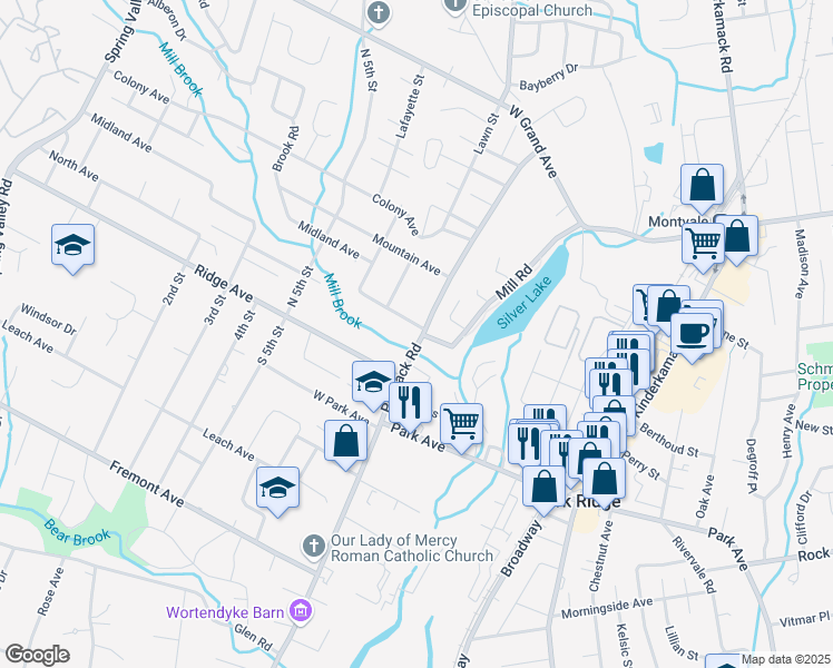map of restaurants, bars, coffee shops, grocery stores, and more near 142 Pascack Road in Park Ridge