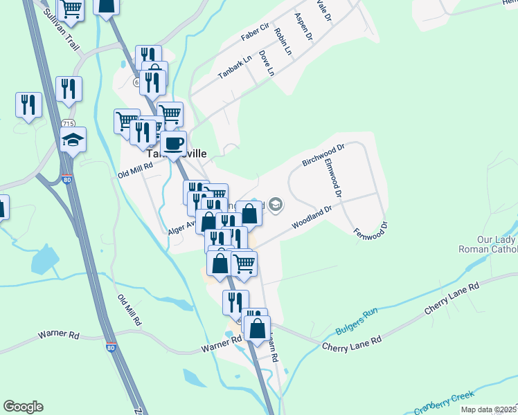 map of restaurants, bars, coffee shops, grocery stores, and more near 125 Talon Drive in Tannersville