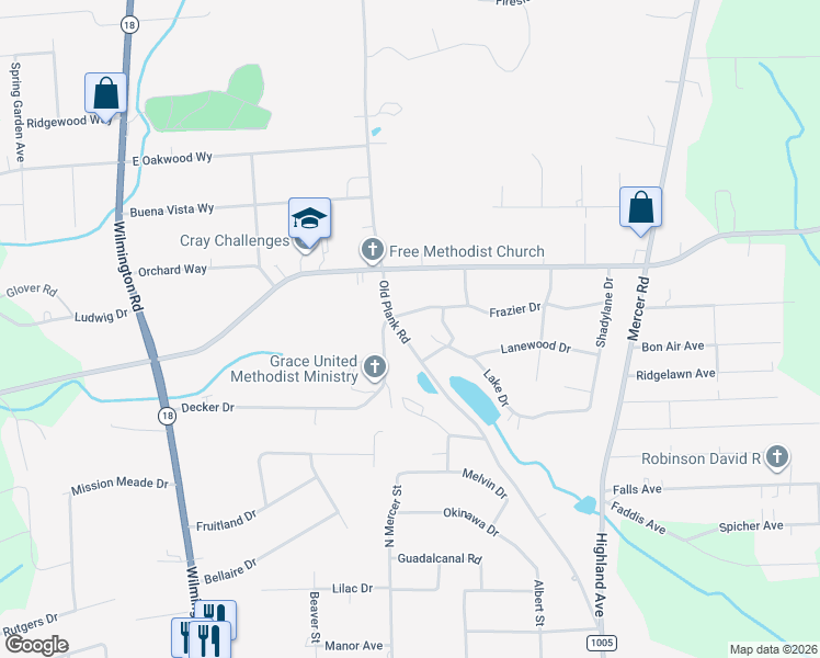 map of restaurants, bars, coffee shops, grocery stores, and more near 2874 Old Plank Road in New Castle