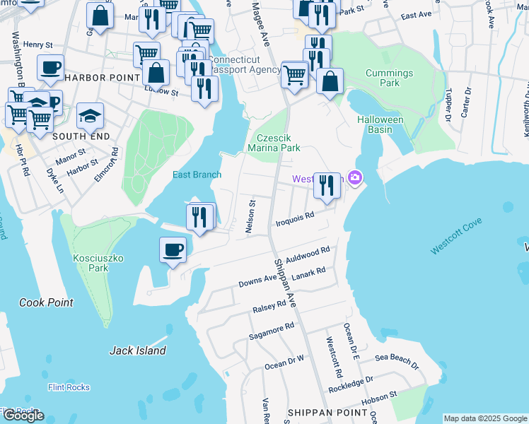 map of restaurants, bars, coffee shops, grocery stores, and more near 23 Nelson Street in Stamford