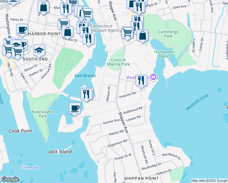 map of restaurants, bars, coffee shops, grocery stores, and more near 23 Nelson Street in Stamford