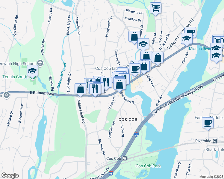 map of restaurants, bars, coffee shops, grocery stores, and more near 100 East Putnam Avenue in Greenwich
