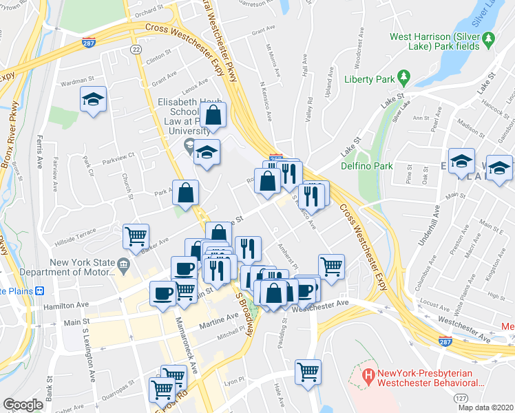 map of restaurants, bars, coffee shops, grocery stores, and more near 30 Lake Street in White Plains