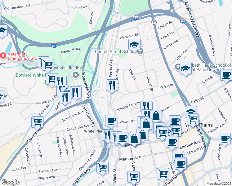 map of restaurants, bars, coffee shops, grocery stores, and more near 87-95 Park Avenue in White Plains