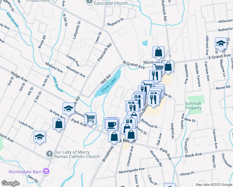 map of restaurants, bars, coffee shops, grocery stores, and more near 83 North Maple Avenue in Park Ridge