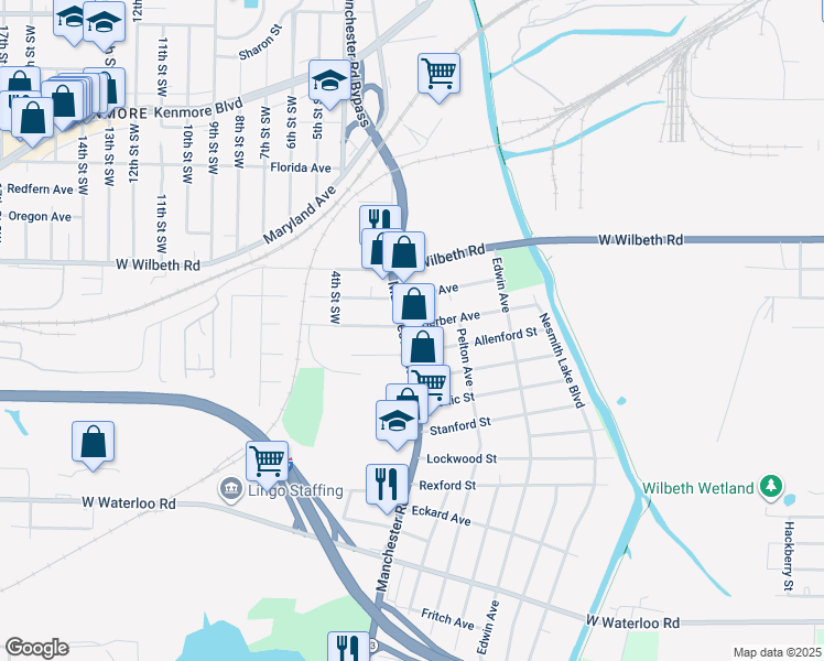 map of restaurants, bars, coffee shops, grocery stores, and more near 2266 Manchester Road in Akron