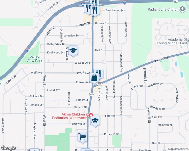 map of restaurants, bars, coffee shops, grocery stores, and more near 518 High Street in Wadsworth