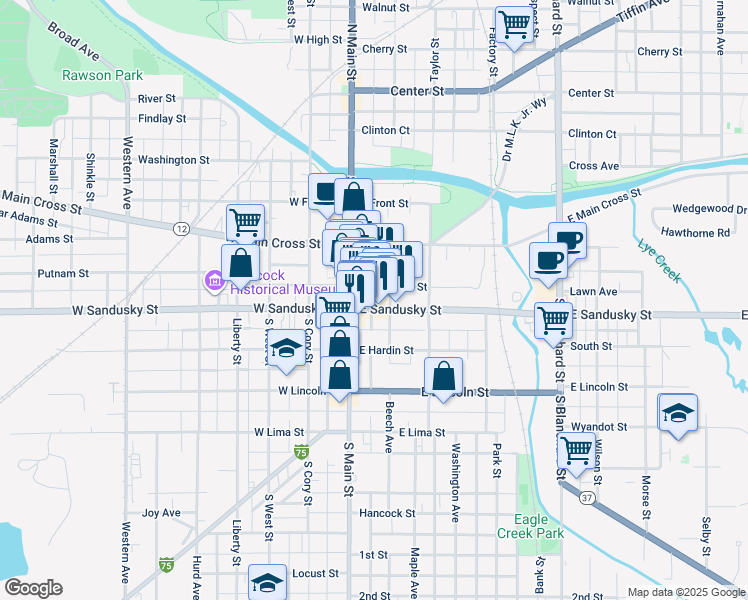 map of restaurants, bars, coffee shops, grocery stores, and more near 120 East Sandusky Street in Findlay