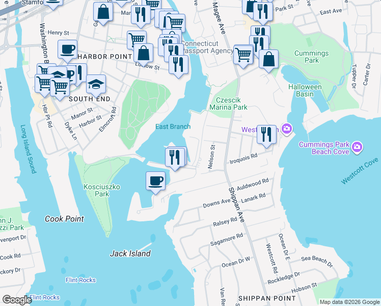 map of restaurants, bars, coffee shops, grocery stores, and more near 108 Harbor Drive in Stamford