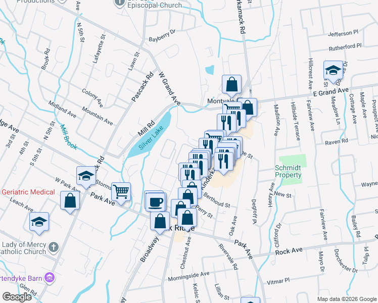 map of restaurants, bars, coffee shops, grocery stores, and more near 91 Hawthorne Avenue in Park Ridge