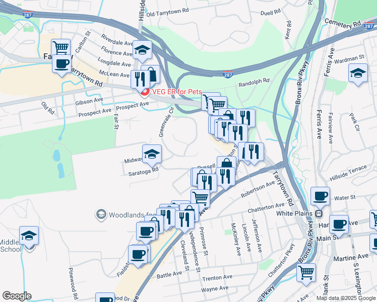 map of restaurants, bars, coffee shops, grocery stores, and more near 47 Greenvale Circle in White Plains