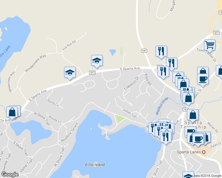 map of restaurants, bars, coffee shops, grocery stores, and more near 40 Bridle Way in Sparta