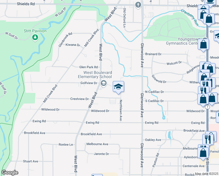 map of restaurants, bars, coffee shops, grocery stores, and more near 6125 West Boulevard in Boardman