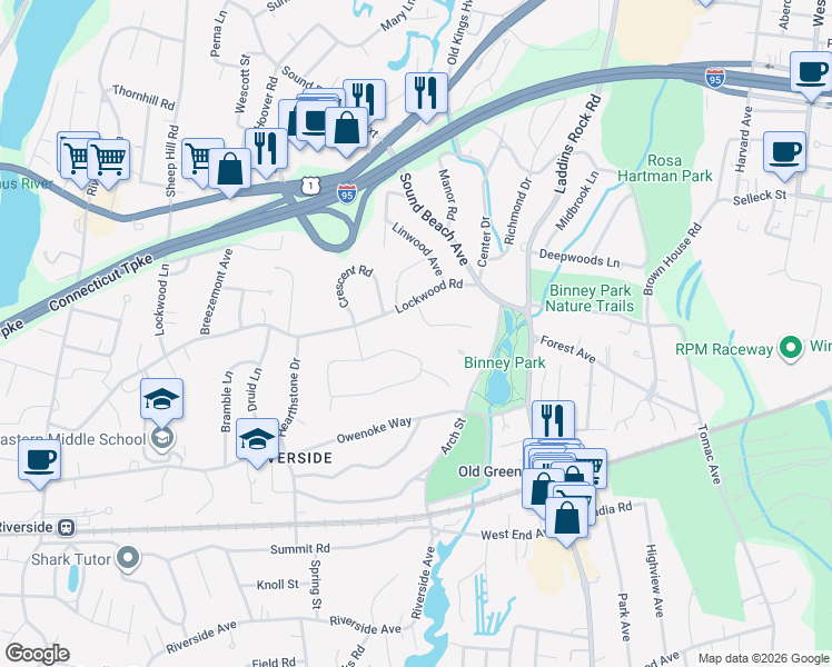 map of restaurants, bars, coffee shops, grocery stores, and more near 80 Winthrop Drive in Greenwich