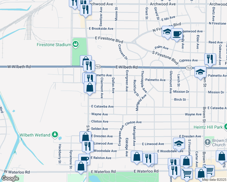 map of restaurants, bars, coffee shops, grocery stores, and more near 1816 Dallas Avenue in Akron
