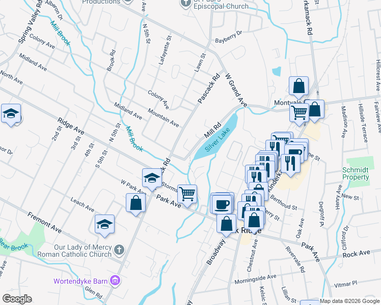 map of restaurants, bars, coffee shops, grocery stores, and more near 2 Quackenbush Lane in Park Ridge