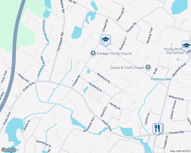 map of restaurants, bars, coffee shops, grocery stores, and more near 77 Konight Court in Mahwah
