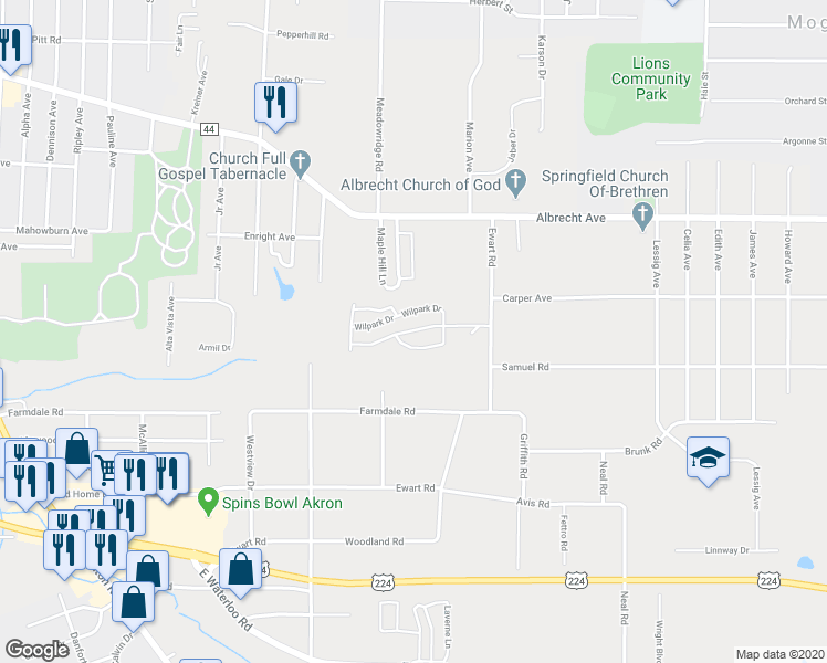 map of restaurants, bars, coffee shops, grocery stores, and more near 110 Wilpark Drive in Akron