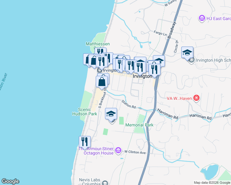 map of restaurants, bars, coffee shops, grocery stores, and more near 16 Barney Park in Irvington